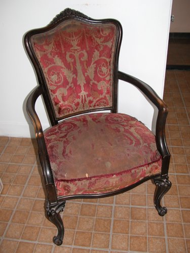 Appraisal: Title Carved Birch Open Armchair with mahogany finish scrolled legs