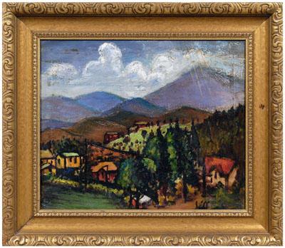 Appraisal: American School painting mountain landscape with houses signed indistinctly verso