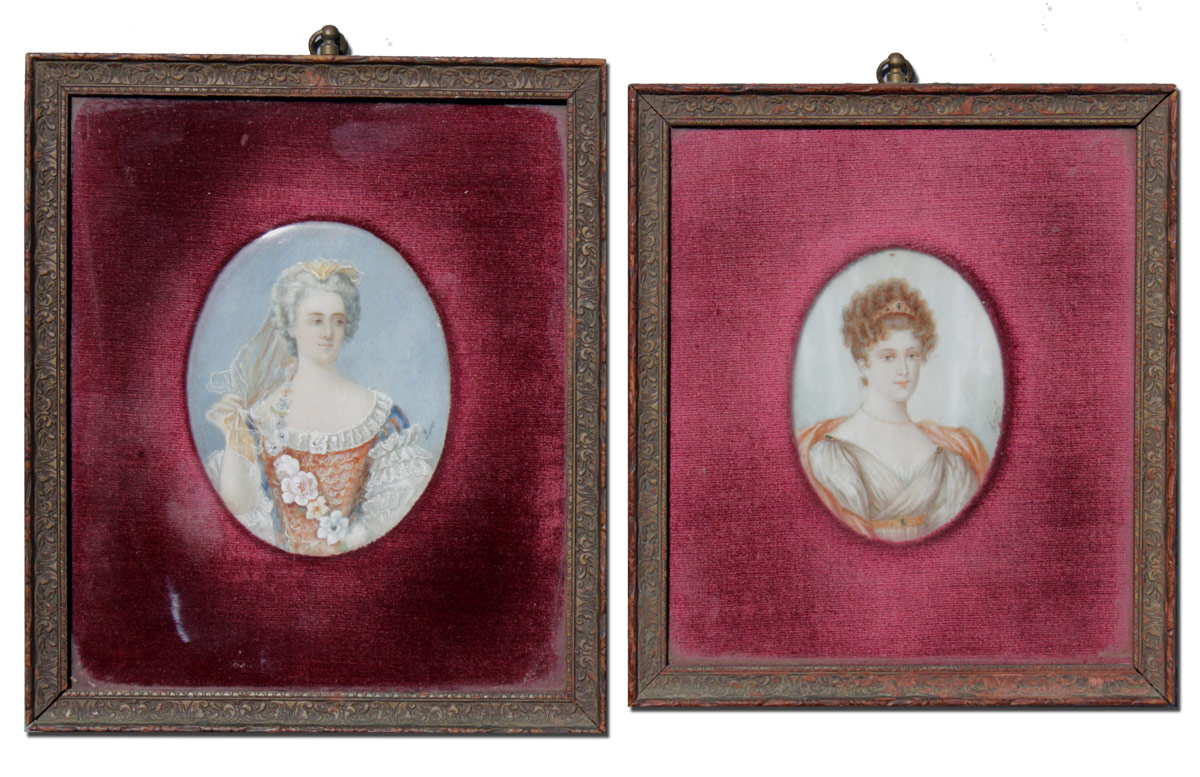 Appraisal: PAIR OF MINIATURE PAINTINGS ON IVORY Both Images Depict Two