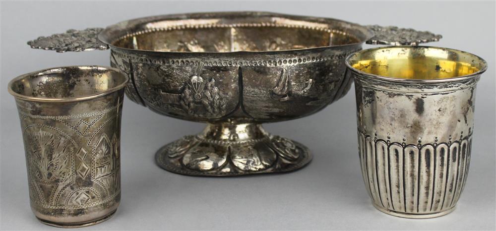 Appraisal: DUTCH REPOUSSE TWO-HANDLED BOWL AND TWO CONTINENTAL SILVER BEAKERS