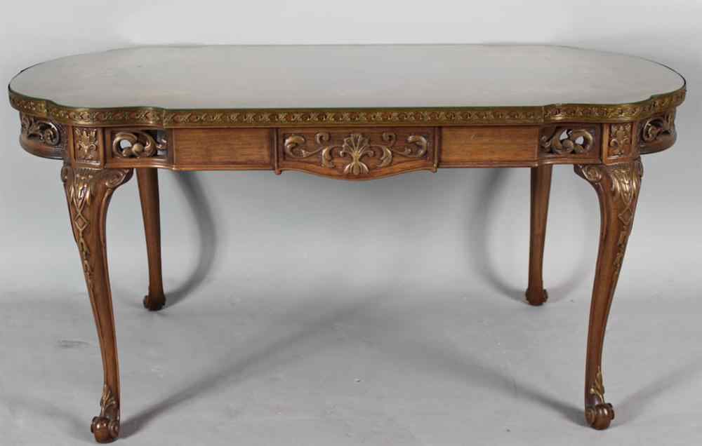 Appraisal: LOUIS XVI STYLE FAUX MARQUETRY LOW TABLE the oblong top