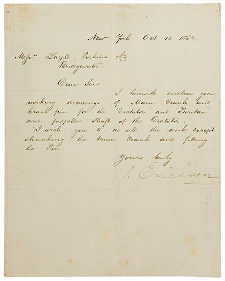 Appraisal: John ERICSSON Letter signed J Ericsson to Messr Lazelle Perkins