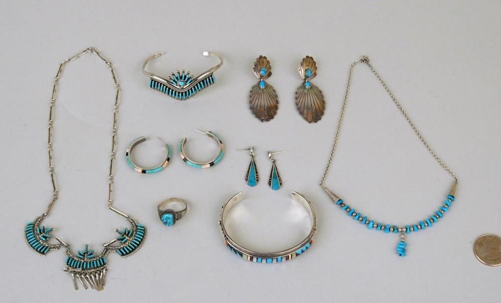 Appraisal: Eight Native American Silver Stone Jewelry Items Group of eight