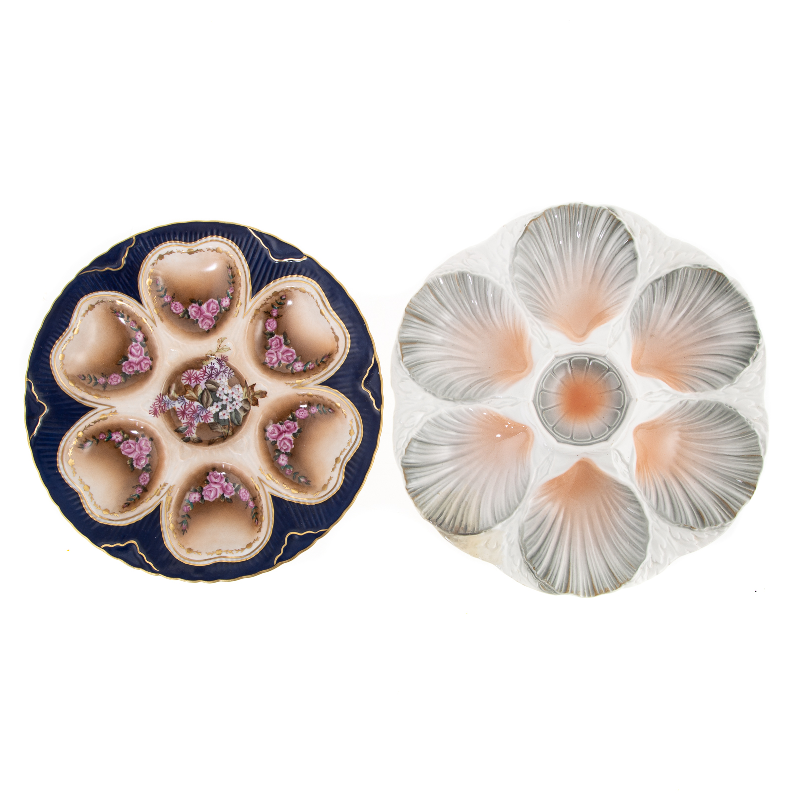 Appraisal: TWO FRENCH OYSTER PLATES Limoges porcelain cobalt and floral decorated