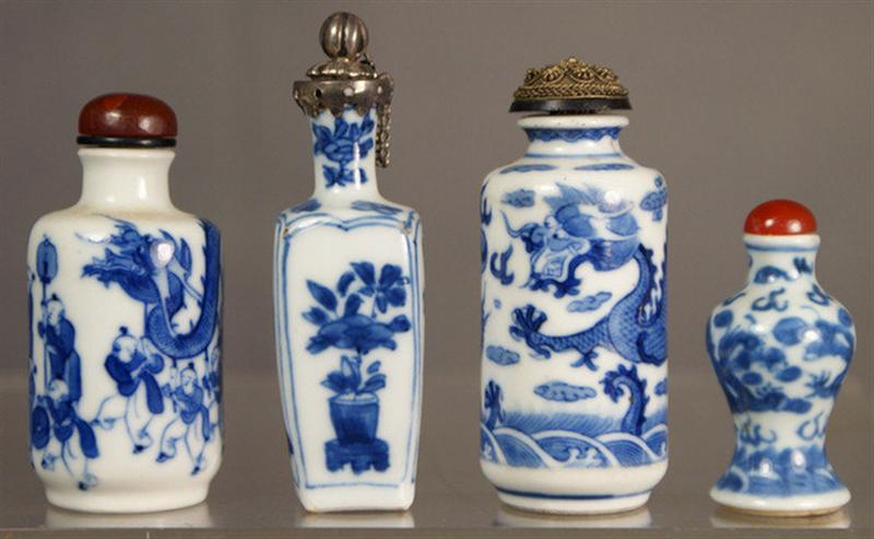 Appraisal: porcelain snuff bottles with blue underglaze dragon seeking flaming pearl