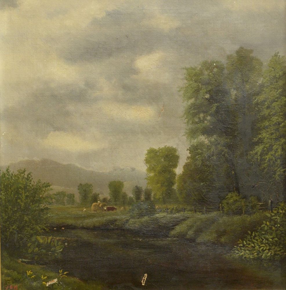 Appraisal: American School th Century pastoral landscape with farmers harvesting hay