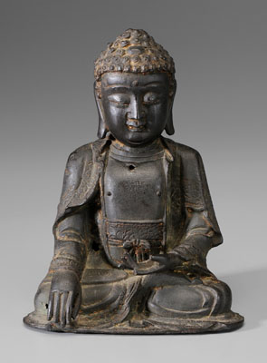 Appraisal: Bronze Buddha Chinese th century seated in dhyanasana performing bhumispana