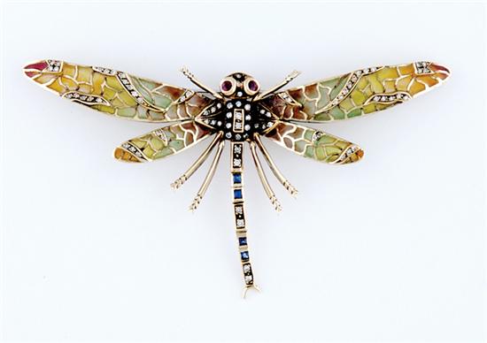 Appraisal: Plique-a-jour dragonfly brooch eighty diamonds ctw accented by blue sapphires