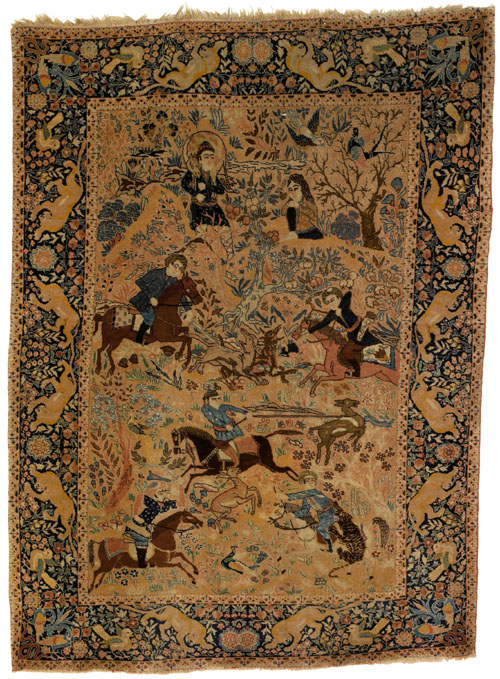 Appraisal: Tabriz throw rug ca with figures hunting on an ivory