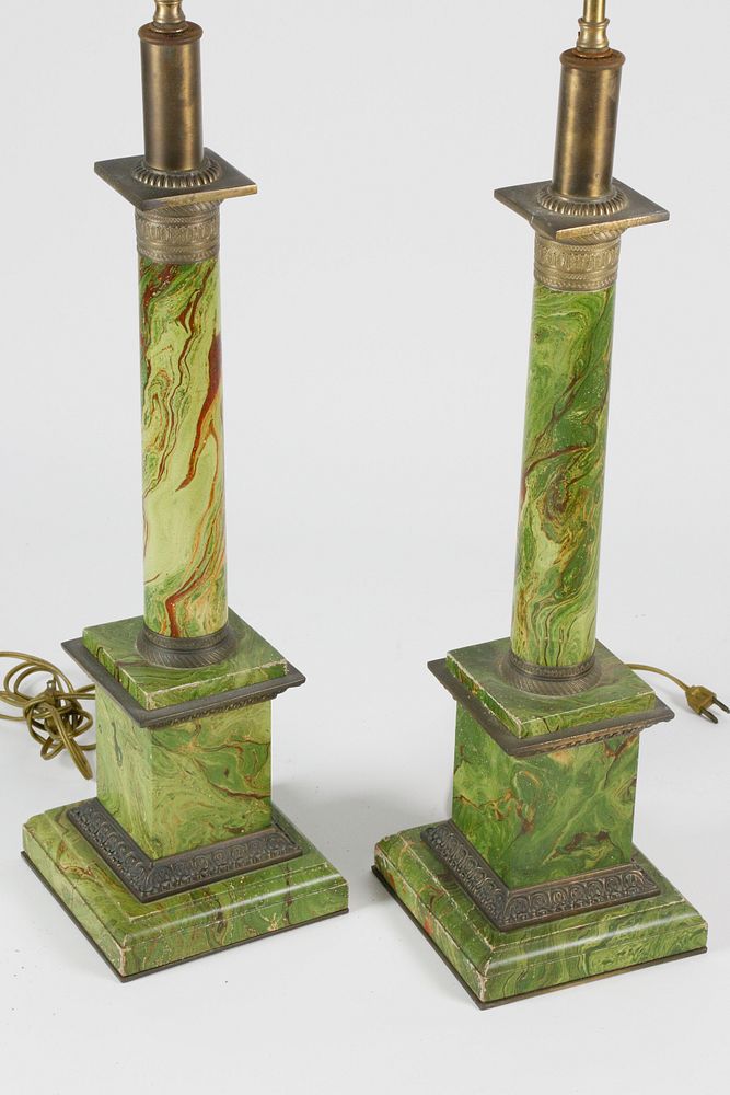 Appraisal: Pair of Green Faux Marble Column Lamps Pair of Green