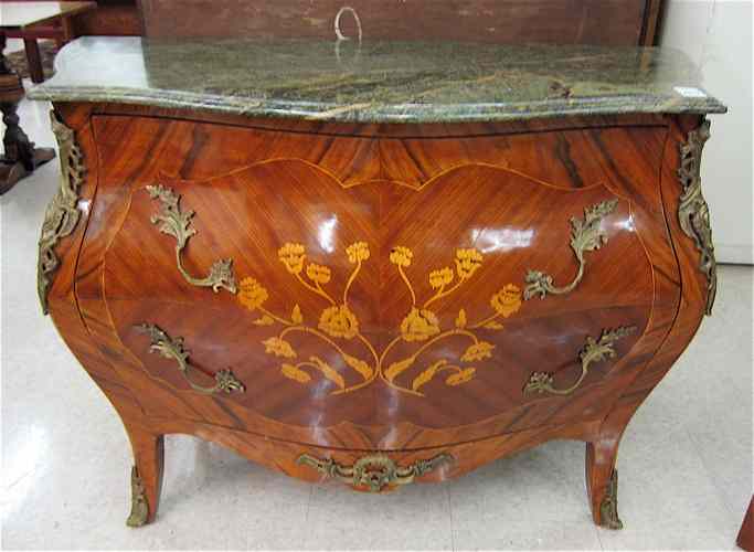 Appraisal: LOUIS XV STYLE MARQUETRY BOMBE COMMODE featuring a conformingly shaped