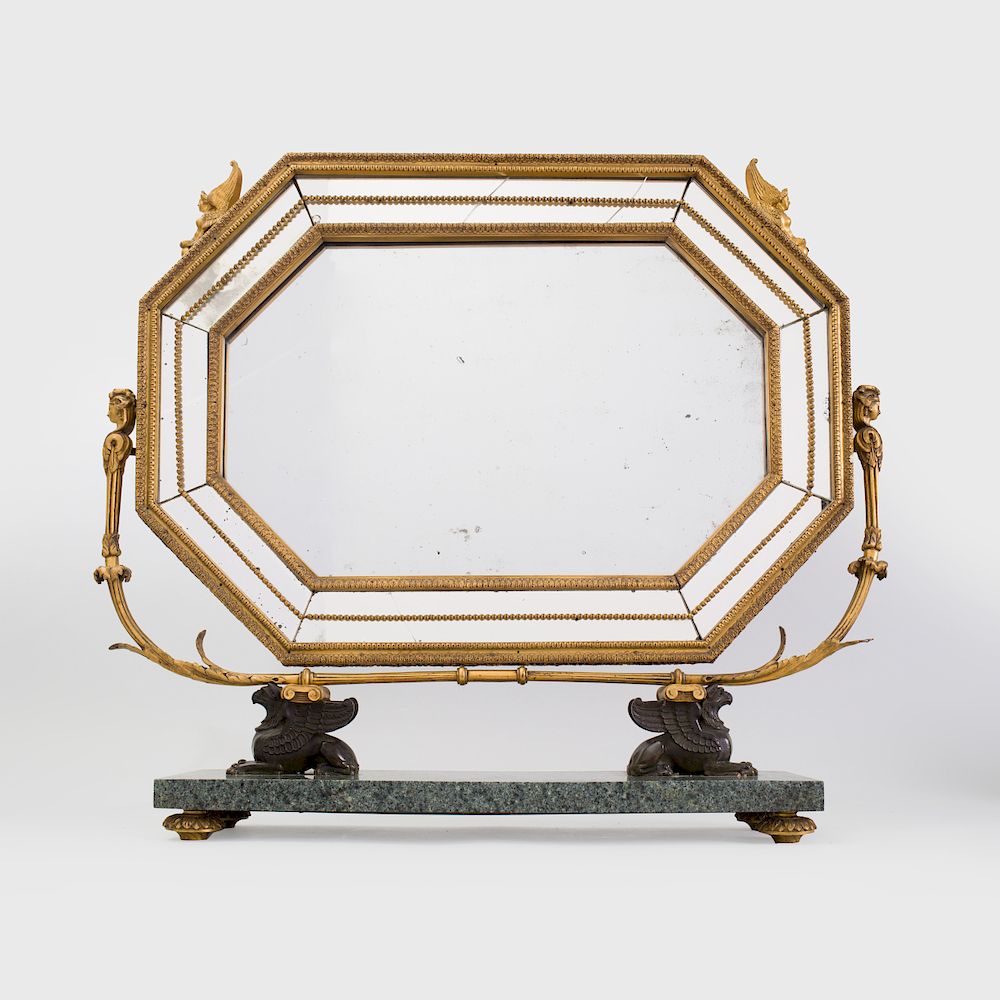 Appraisal: Unusual Regency Gilt and Patinated-Bronze-Mounted Marble Dressing Mirror Possibly Italian