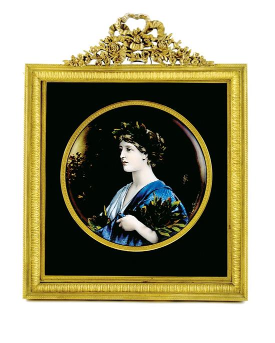 Appraisal: Limoges enamel plaque th century round portrait of Neoclassical woman