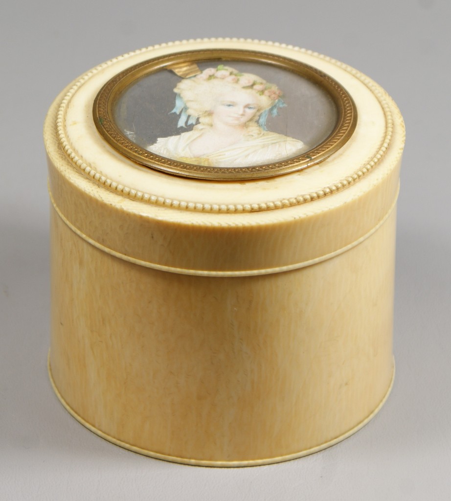 Appraisal: Ivory dresser box lid set with HP portrait on ivory