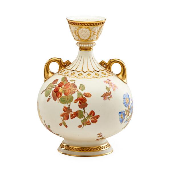 Appraisal: ROYAL WORCESTER PORCELAIN TWO HANDLED VASE Flaring neck with floral