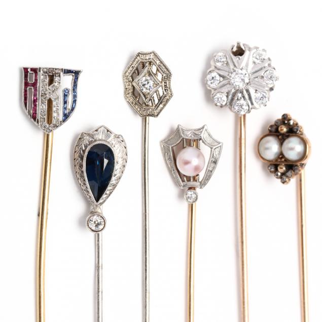 Appraisal: COLLECTION OF SIX ANTIQUE GEM-SET STICK PINS To include one