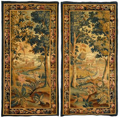 Appraisal: Pair of verdure tapestries each with countryside scene with exotic