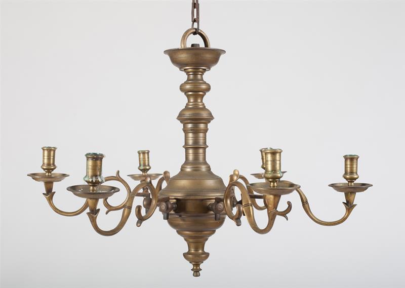 Appraisal: DUTCH BRASS SIX-LIGHT CHANDELIER The circular dished corona above turned