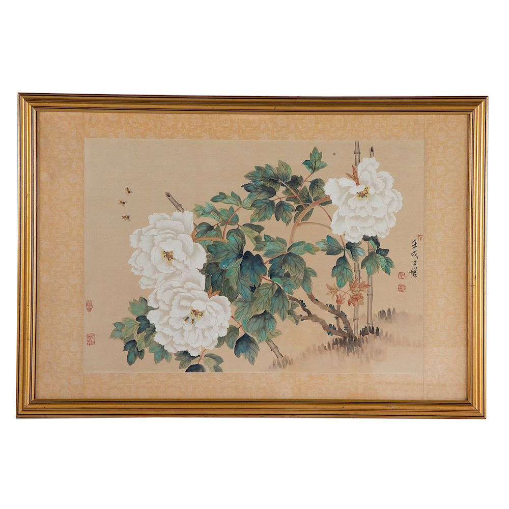 Appraisal: Chinese School th Century Gouache Peonies with honey bees colored