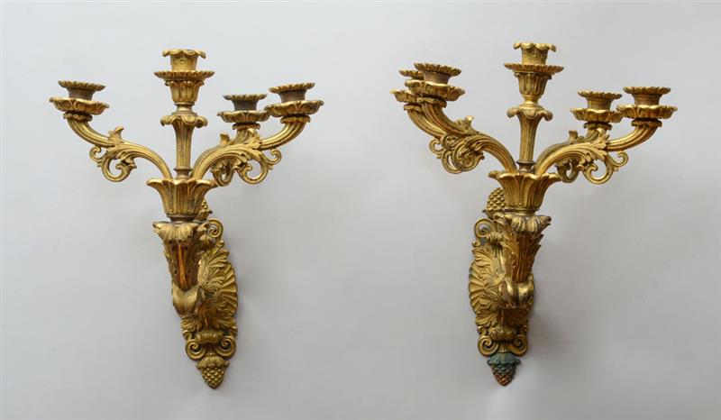 Appraisal: PAIR OF CHARLES X ORMOLU FIVE-LIGHT WALL SCONCES Each acanthus