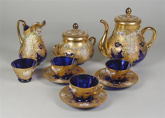 Appraisal: Cobalt Bohemian Glass Tea Set Ten pieces Heavy gold filigree