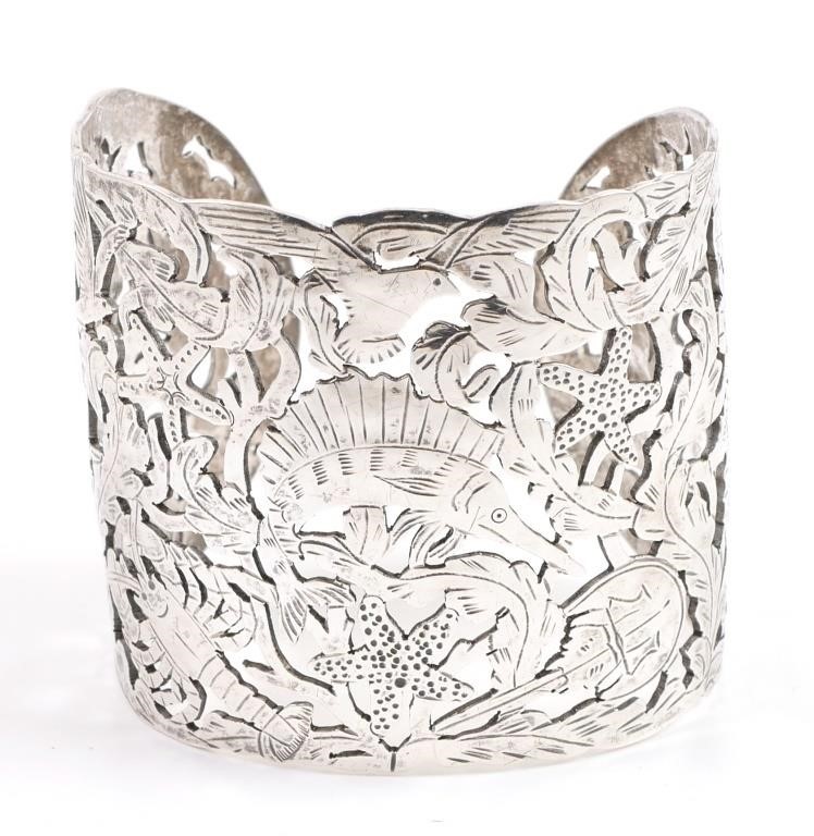 Appraisal: Sterling silver engraved openwork cuff bracelet by silversmith Panis bearing