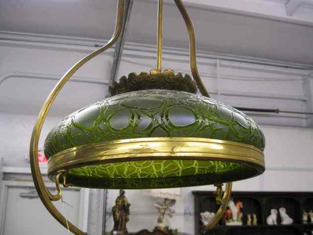 Appraisal: Loetz Art Glass Chandelier iridescent green with texture finish brass