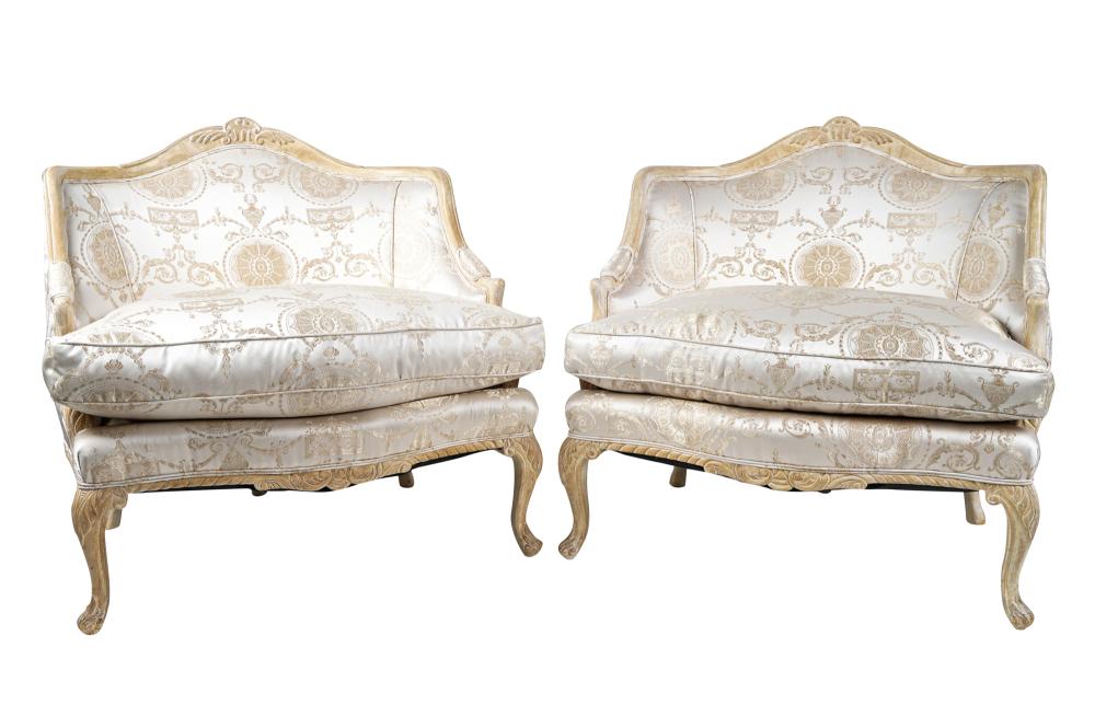 Appraisal: PAIR OF BLEACHED WOOD BERGERES MARQUISESlate th century with damask