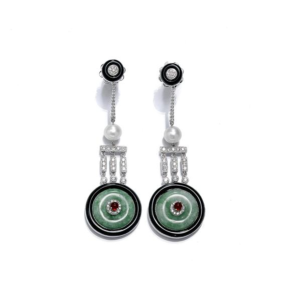 Appraisal: JADE DIAMOND AND ONYX EAR PENDANTS White gold Art deco