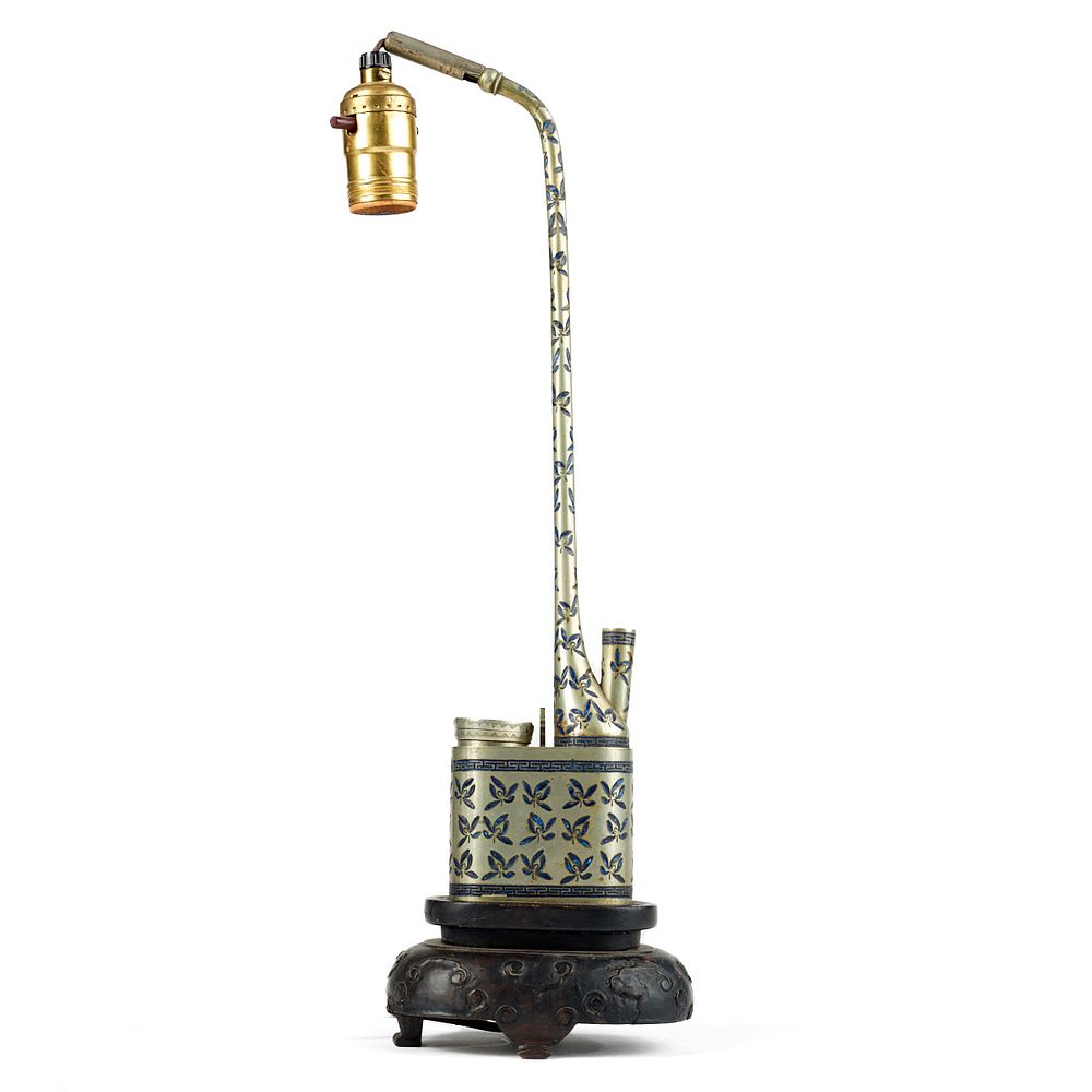 Appraisal: Chinese Paktong Enameled Pipe Lamp Chinese enameled paktong nickel silver