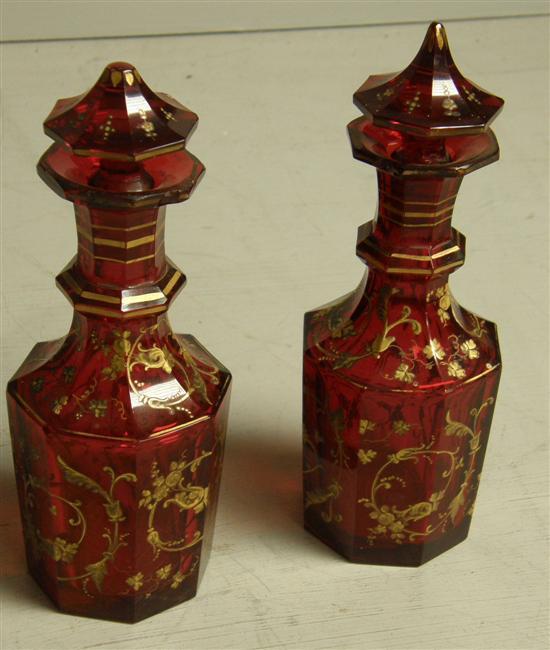 Appraisal: Pair of th century red glass decanters and stoppers the