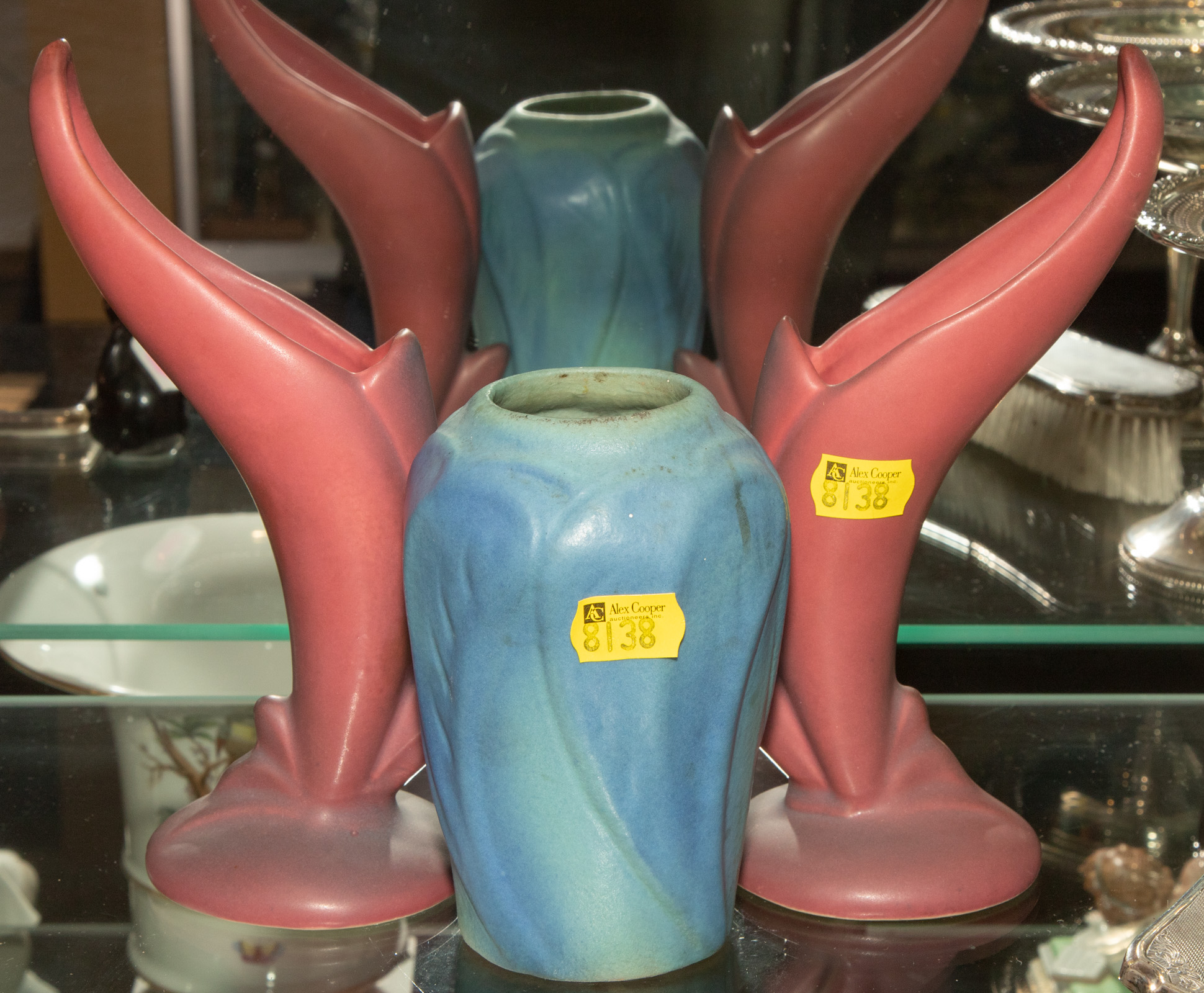 Appraisal: THREE PIECES OF VAN BRIGGLE ART POTTERY Comprising a blue