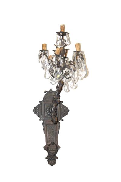 Appraisal: A pair of Louis XVI style patinated bronze and crystal