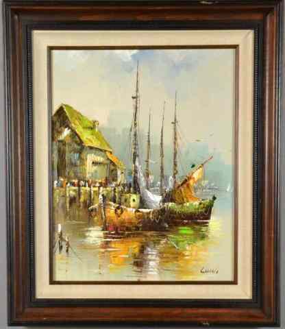 Appraisal: SIGNED LUINI SEASCAPE OIL PAINTINGColorful seascape with sailboats old shack