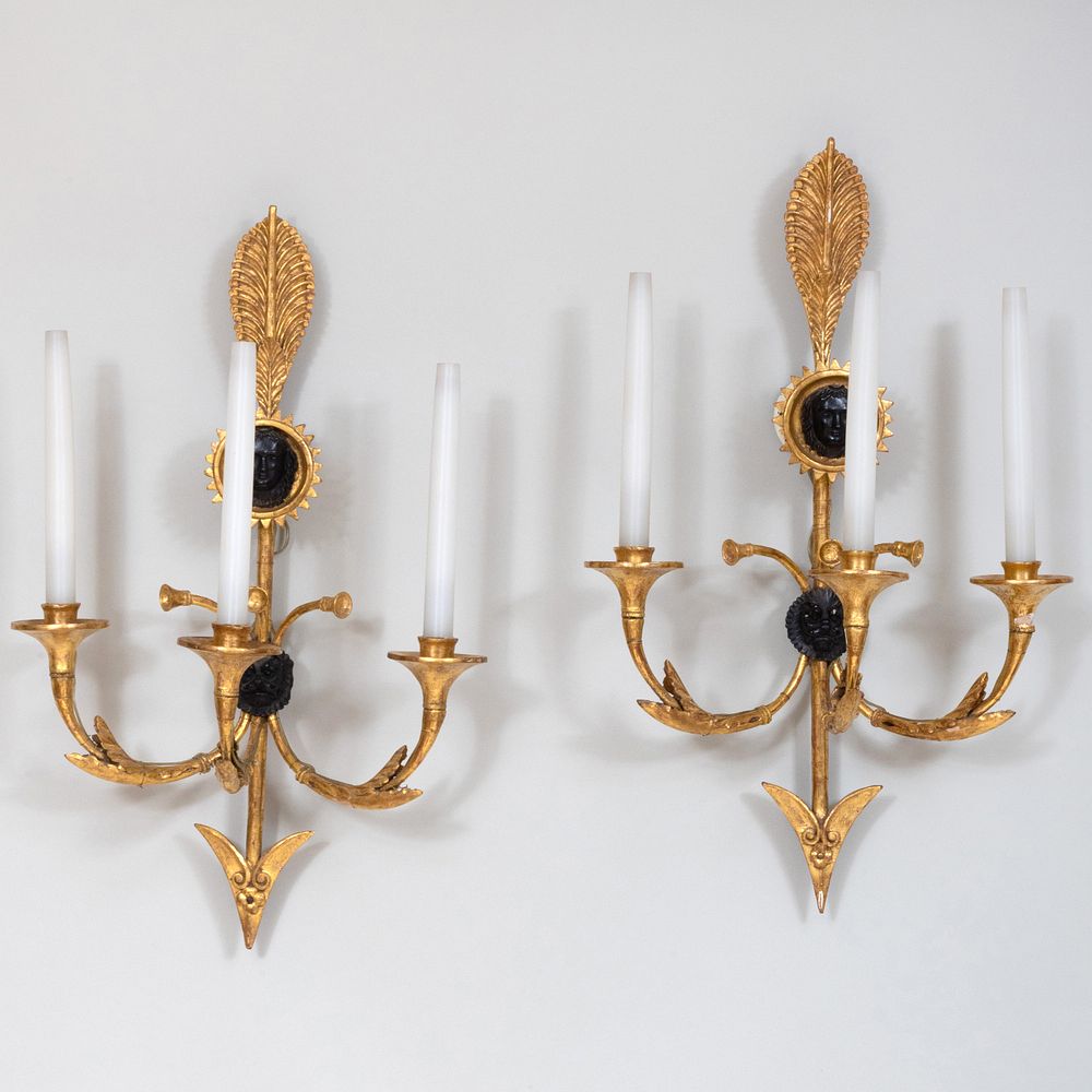 Appraisal: Pair of Empire Style Giltwood Three-Light Sconces x x in