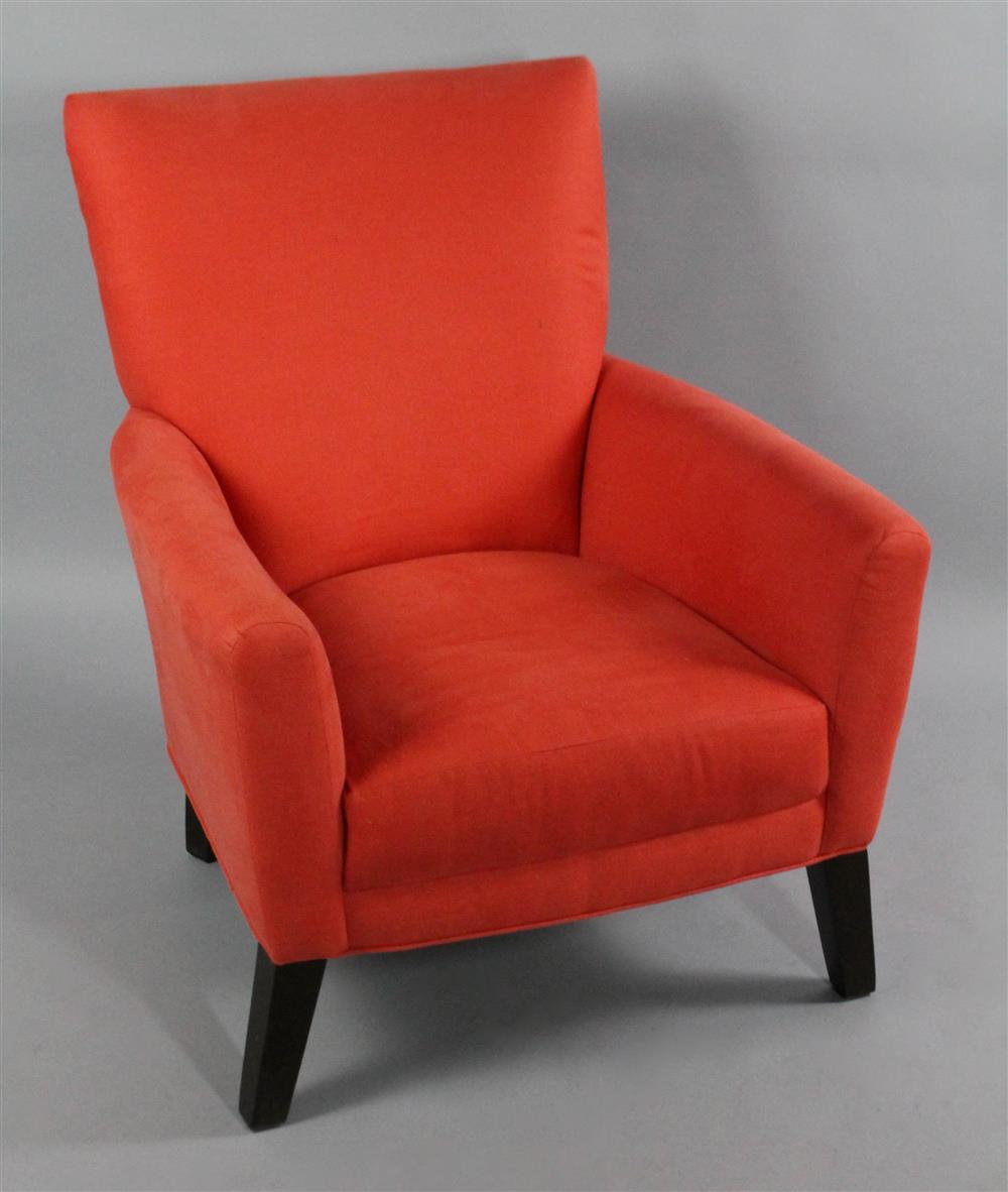 Appraisal: CONTEMPORARY CRATE BARREL SALMON LINEN WEAVE ARMCHAIR relaxed style with