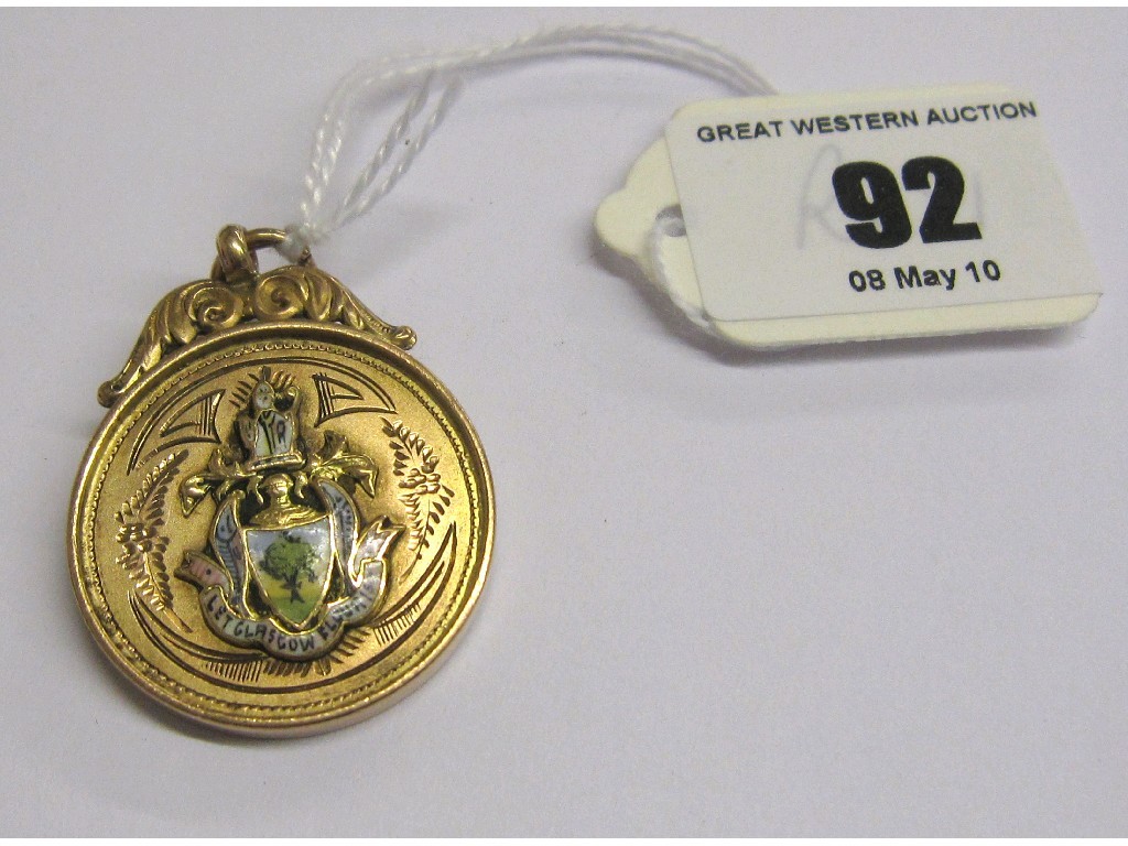 Appraisal: Nine carat gold and enamel presentation medal with Glasgow Coat