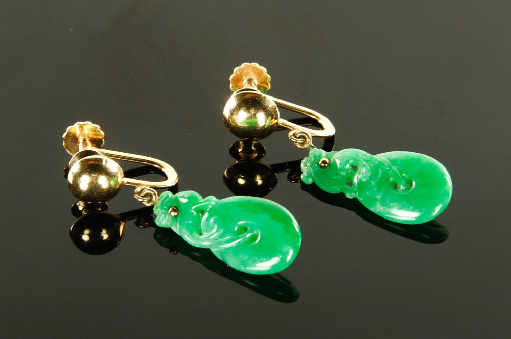 Appraisal: - Chinese Jade Earrings Pair of drop earrings with K