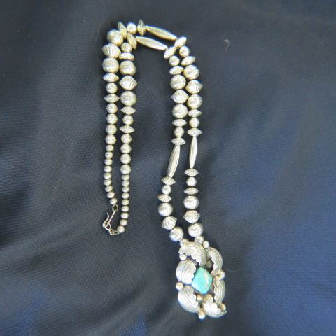 Appraisal: Indian Turquoise Sterling Necklace squash blossom style long plus pendant