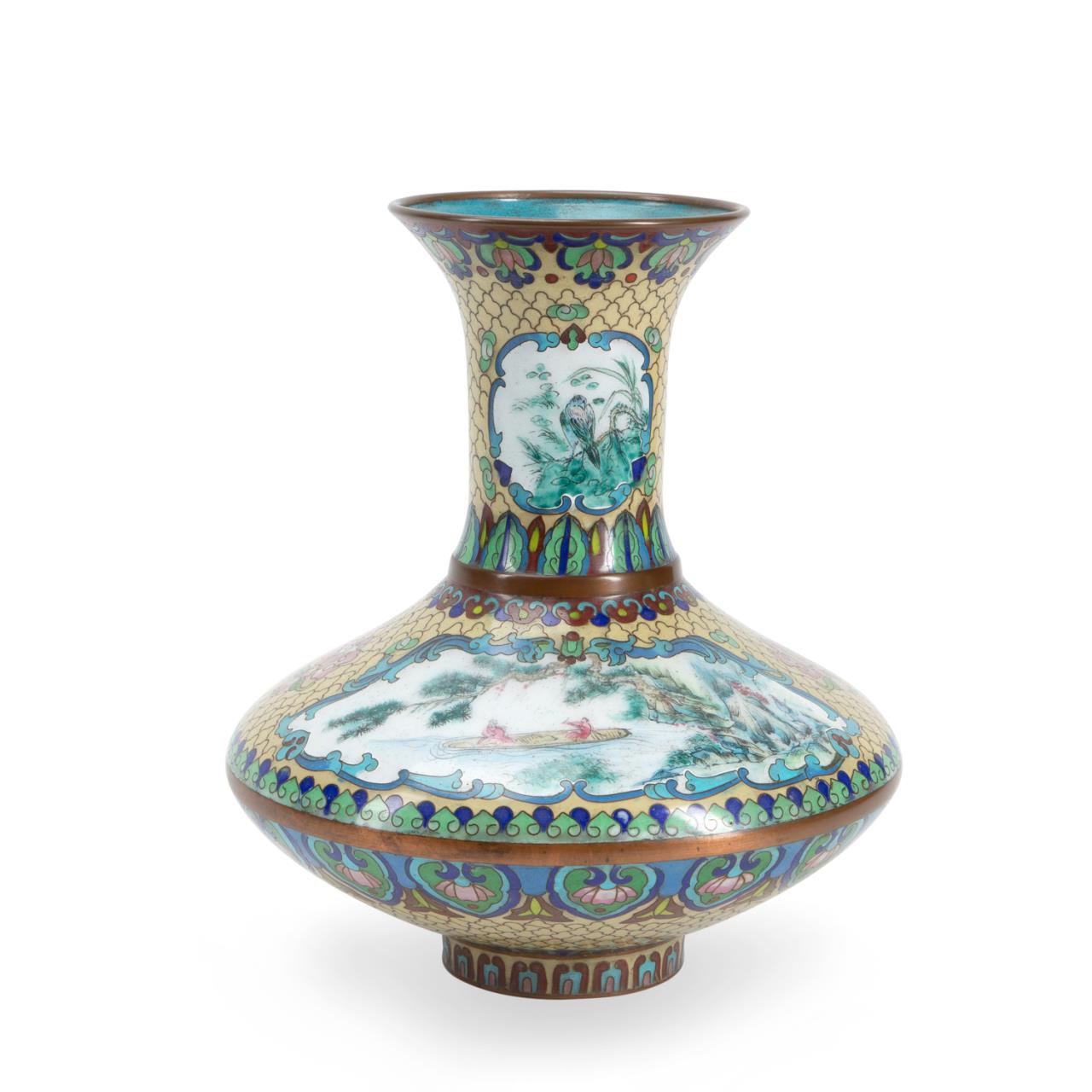 Appraisal: CHINESE CLOISONNE VASE W LANDSCAPE RESERVES Chinese cloisonne on copper