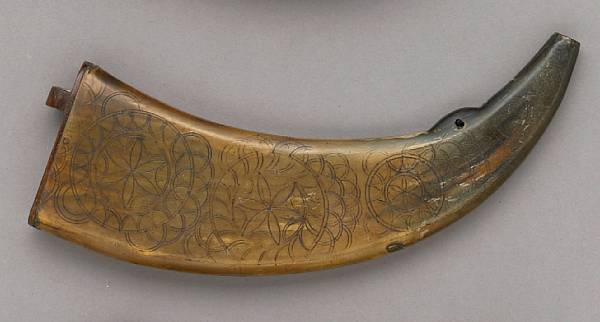 Appraisal: An incised Scottish powder horn th century Of translucent greenish