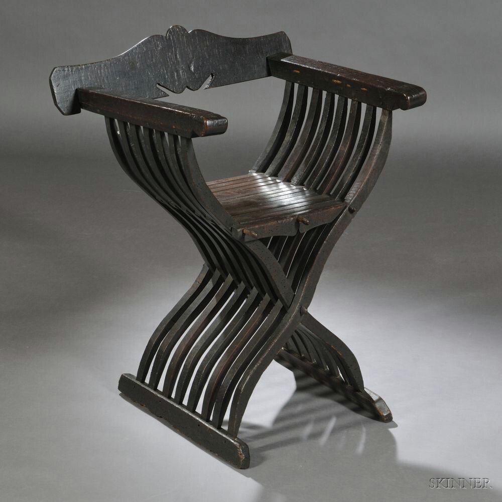 Appraisal: Italian Walnut Savonarola Chair slatted underarm supports continuing to legs