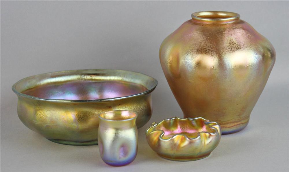 Appraisal: FOUR TIFFANY FAVRILE PIECES the first a tapering paneled vase