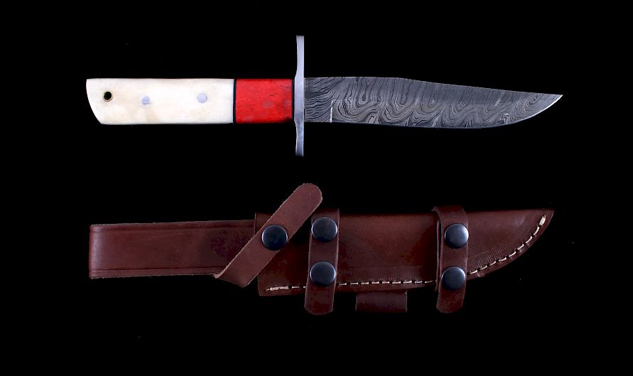 Appraisal: CFK Damascus Camel Knife w Leather Scabbard This is a