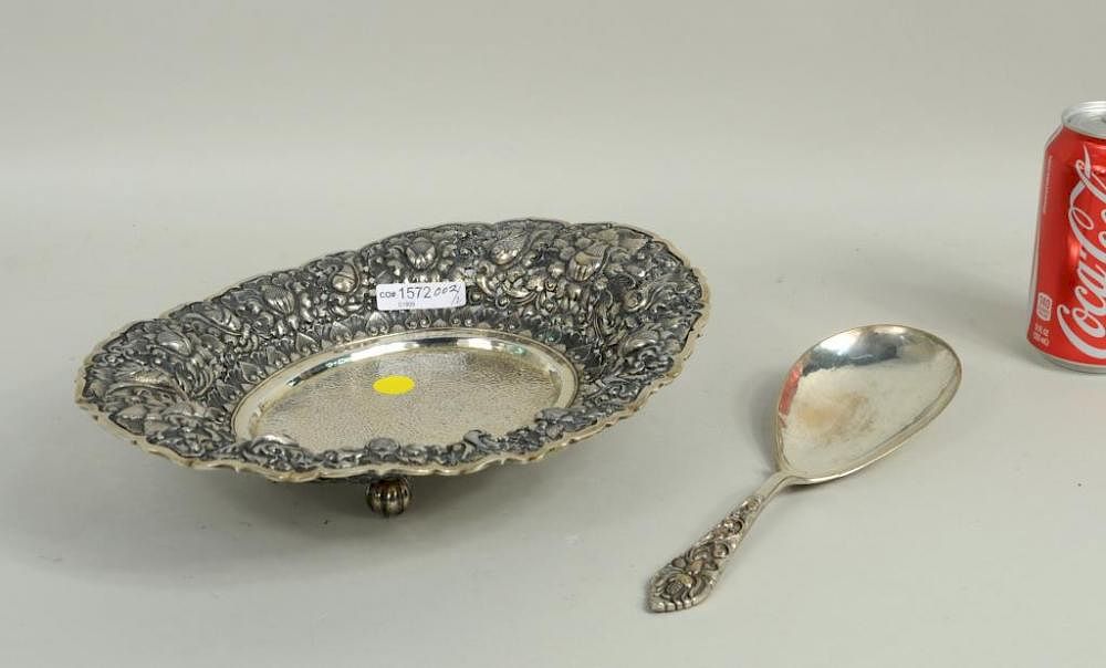 Appraisal: Silver Pierced Repousse Footed Bowl Spoon An silver pierced repousse