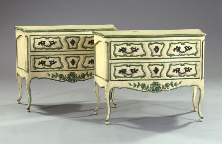 Appraisal: Pair of Provincial Louis XV-Style Polychromed Commodes the shaped rectangular