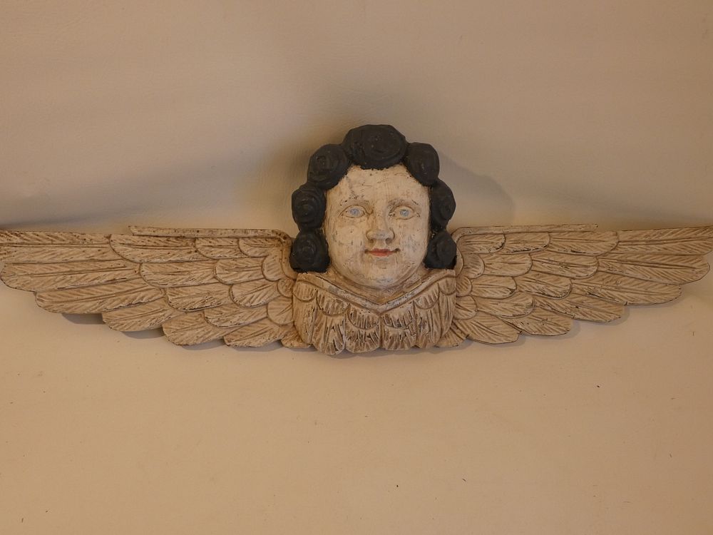 Appraisal: CARVED WOOD ANGEL PLAQUE Old carved and painted wood plaque