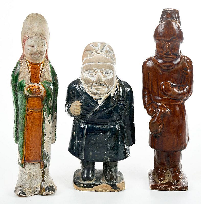 Appraisal: Three Chinese Glazed Pottery Standing Figures Tang dynasty style sancai