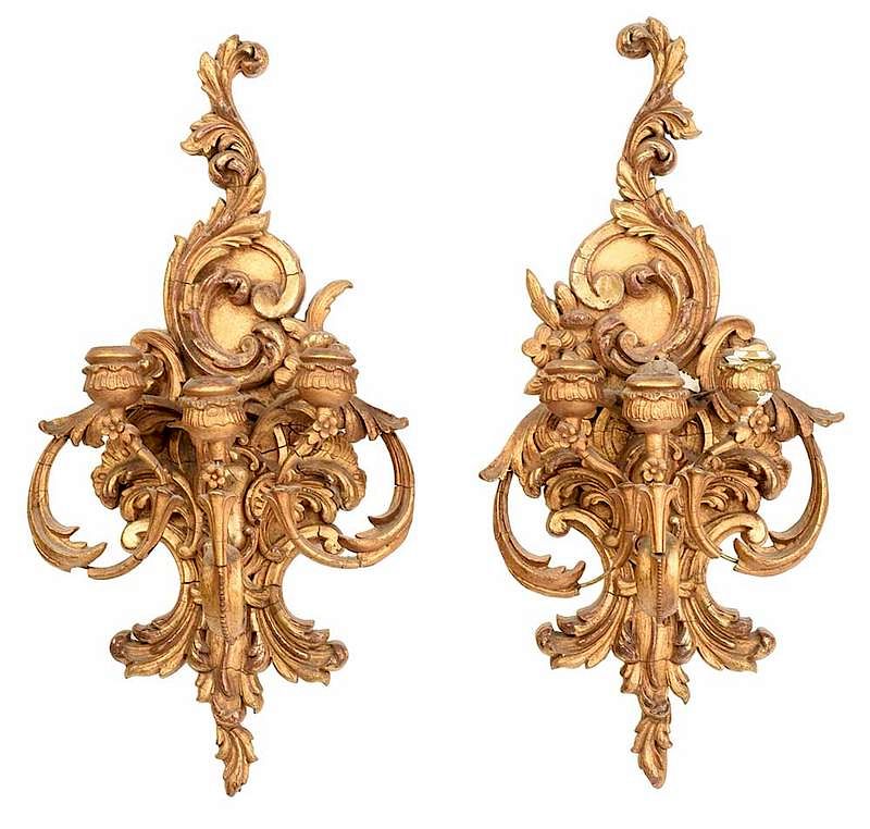 Appraisal: Pair Gilt Three Arm Wall Sconces th th century gilded