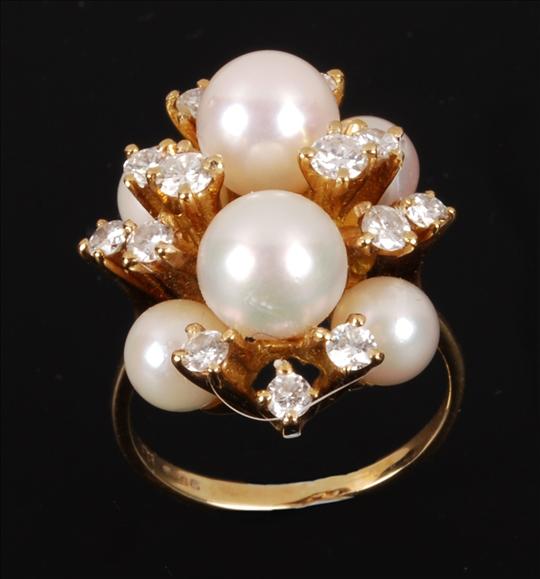 Appraisal: A cultured pearl and diamond cluster ring the four cultured